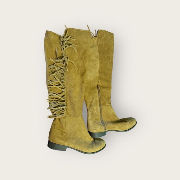 Tan Suede Fringe Knee-High Boots – Size 11, Western Style with Side Zip - Picture 1 of 4